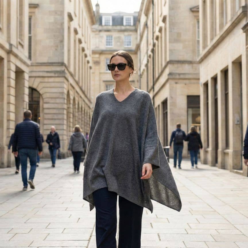 The Himalayan Cashmere V-Neck Poncho — Natural Dark Grey