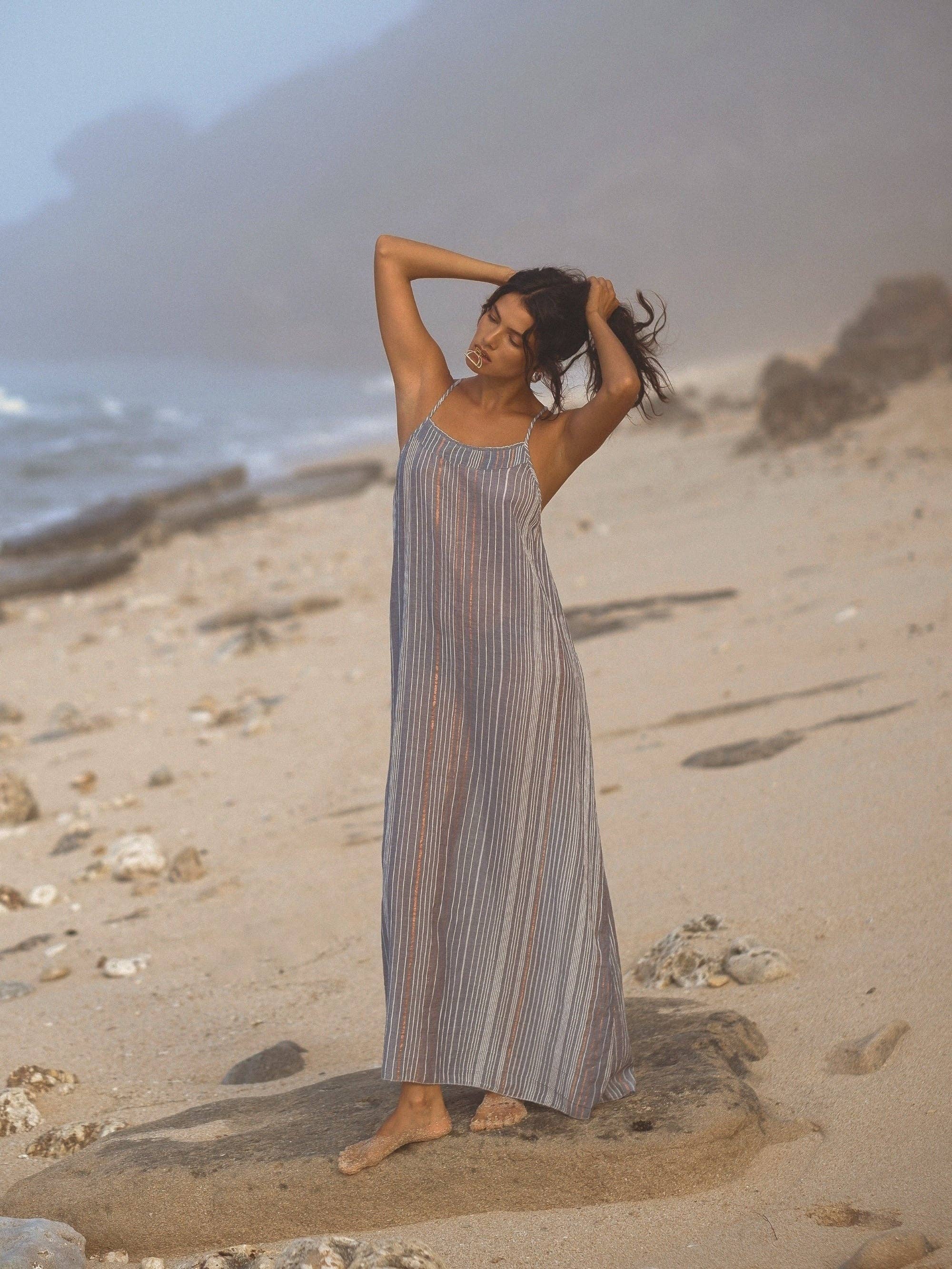 Canggu Maxi Dress - Navy With Stripes: Navy with Stripes / One Size