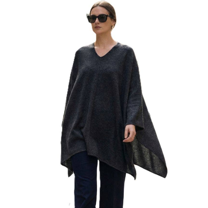 The Himalayan Cashmere V-Neck Poncho — Natural Dark Grey
