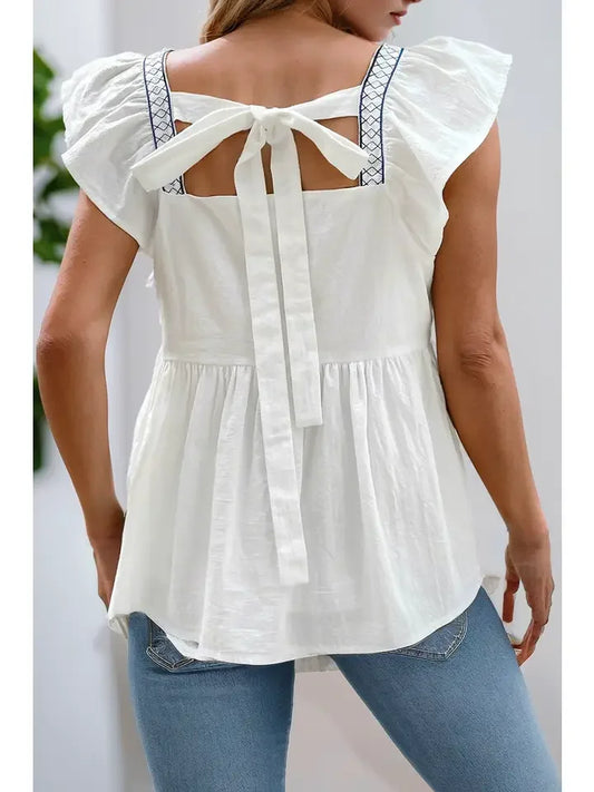 Contrast Embroidered Square Neck Ruched Blouse image 1