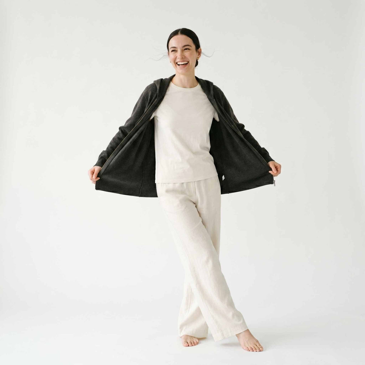 Women's Undyed Cashmere Zip Hoodie - Natural Melange: Dark Grey Melange / M