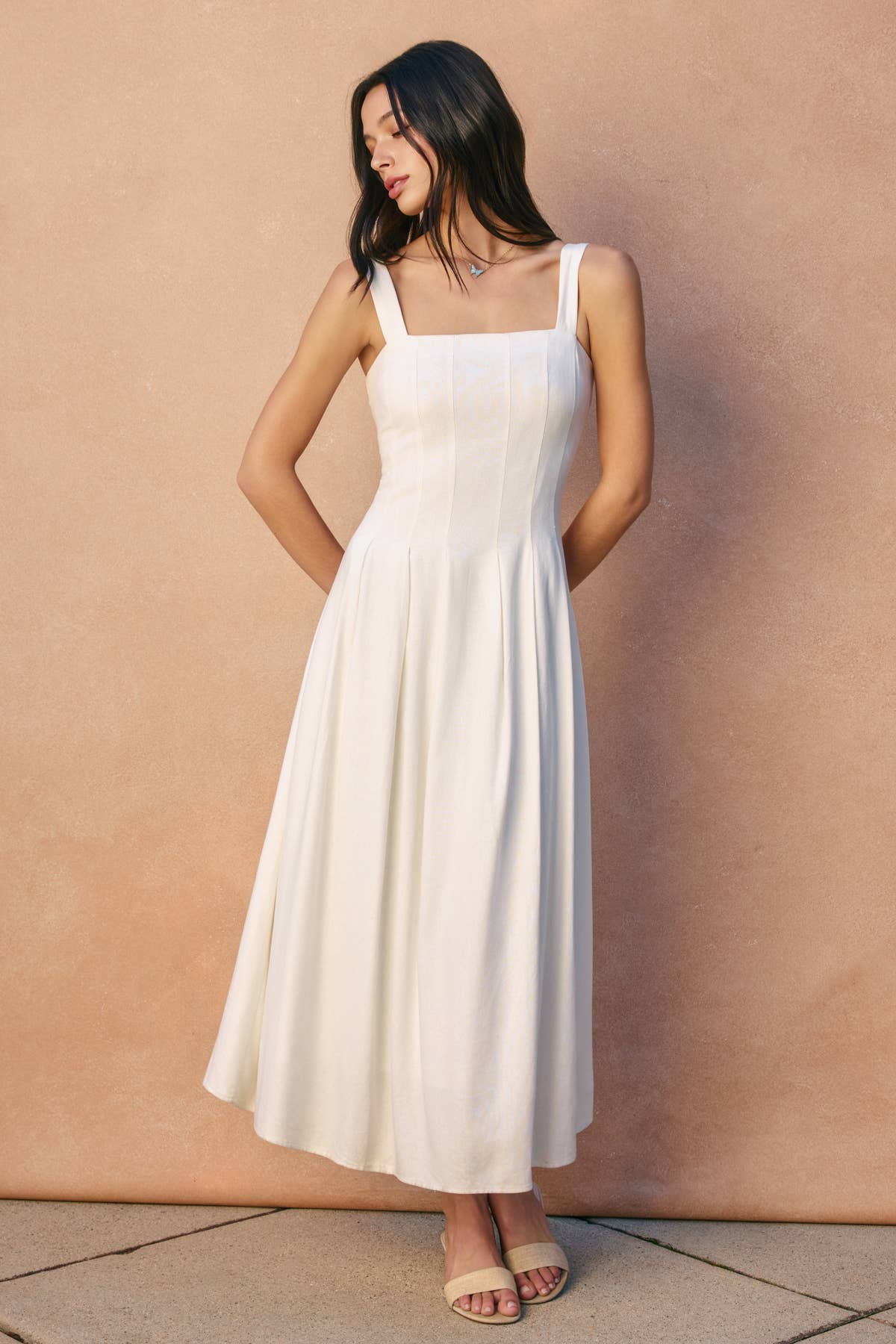 Soleil Cotton Linen Seam Detail Flared Maxi Dress