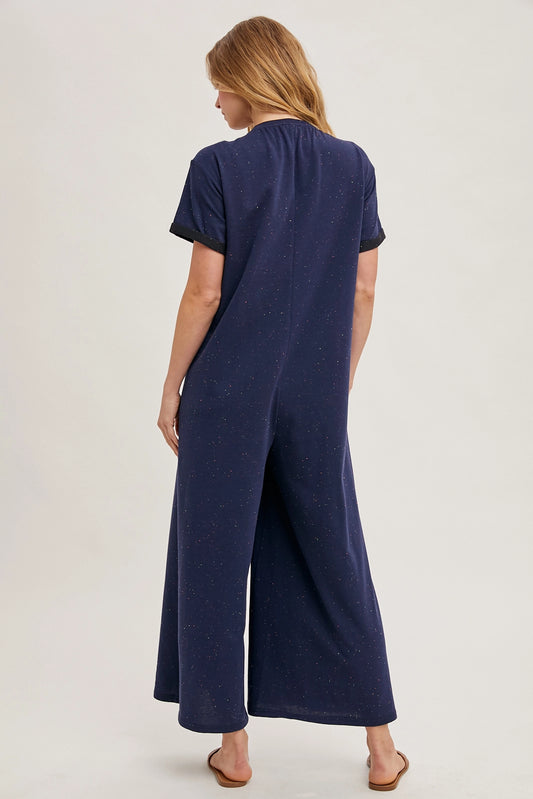 DOT HALF BUTTON WIDE LEG JUMPSUIT WITH POCKETS