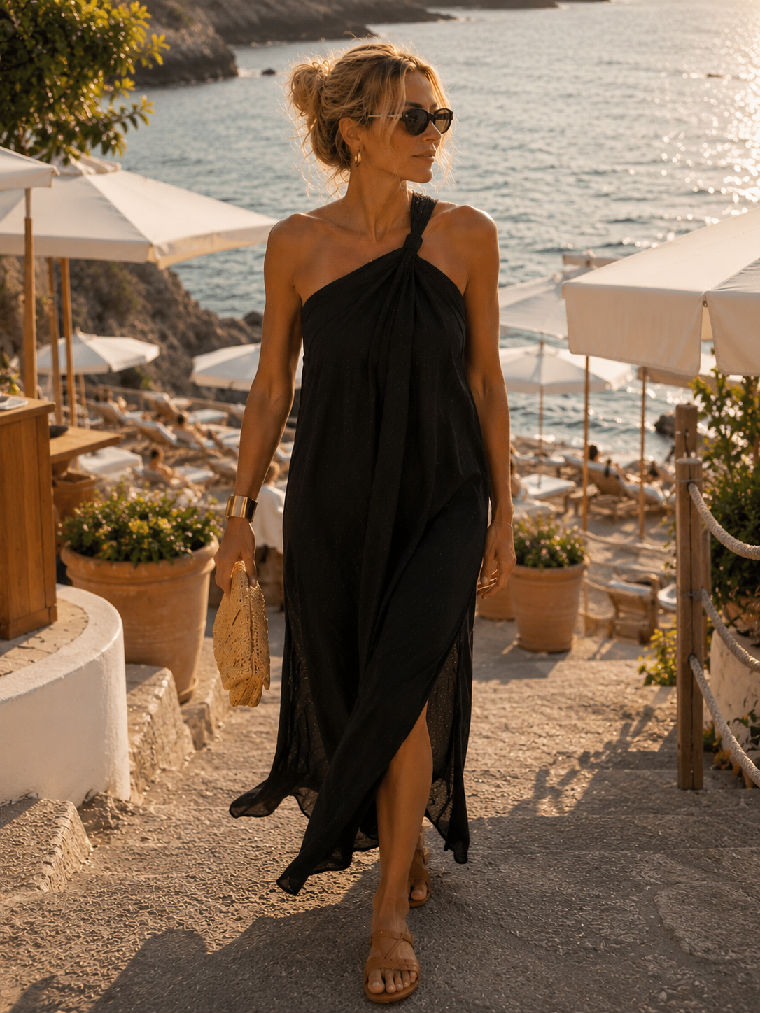 The Ischia One-Shoulder Maxi | Black Turkish Cotton Resort Maxi Dress