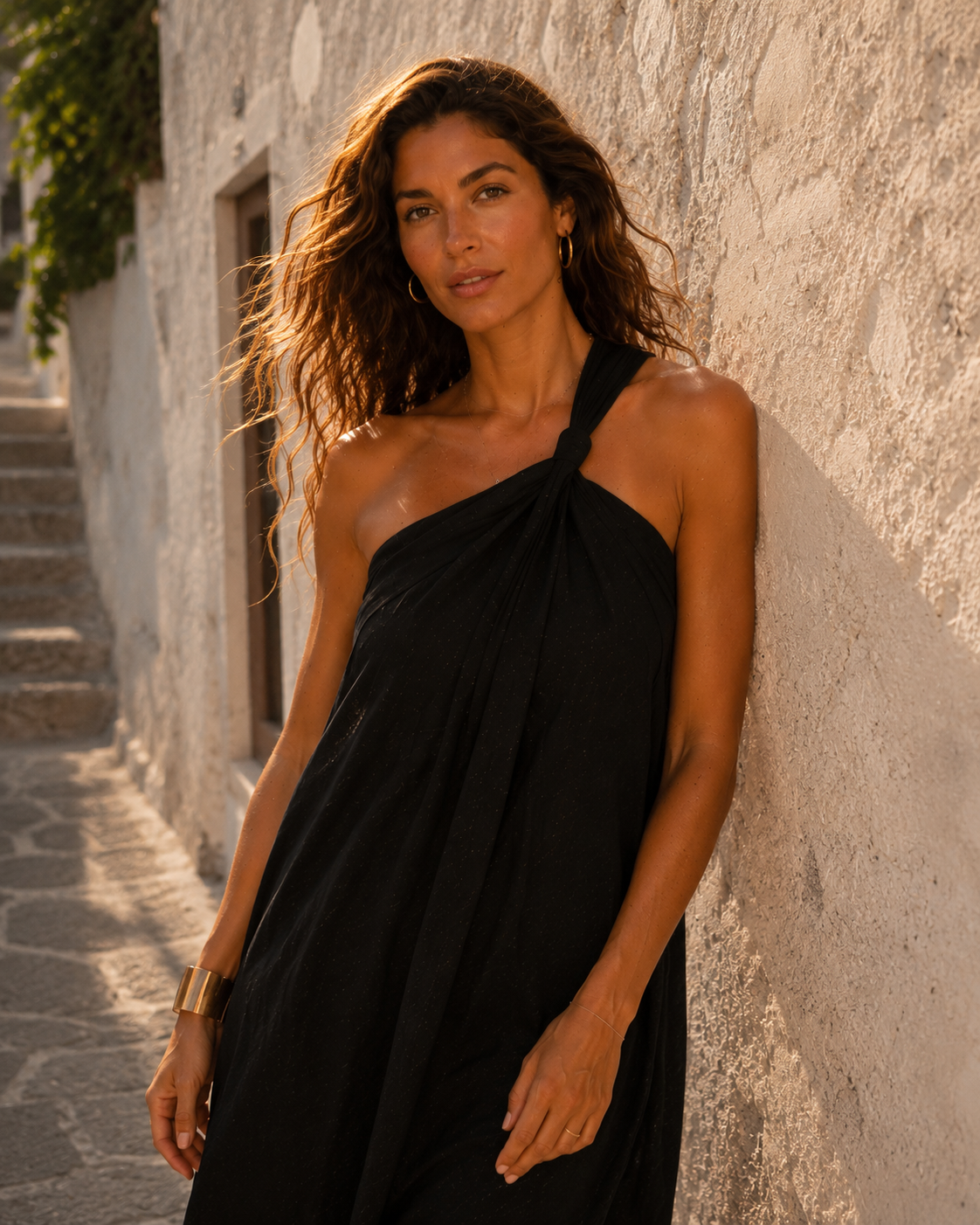 The Ischia One-Shoulder Maxi | Black Turkish Cotton Resort Maxi Dress