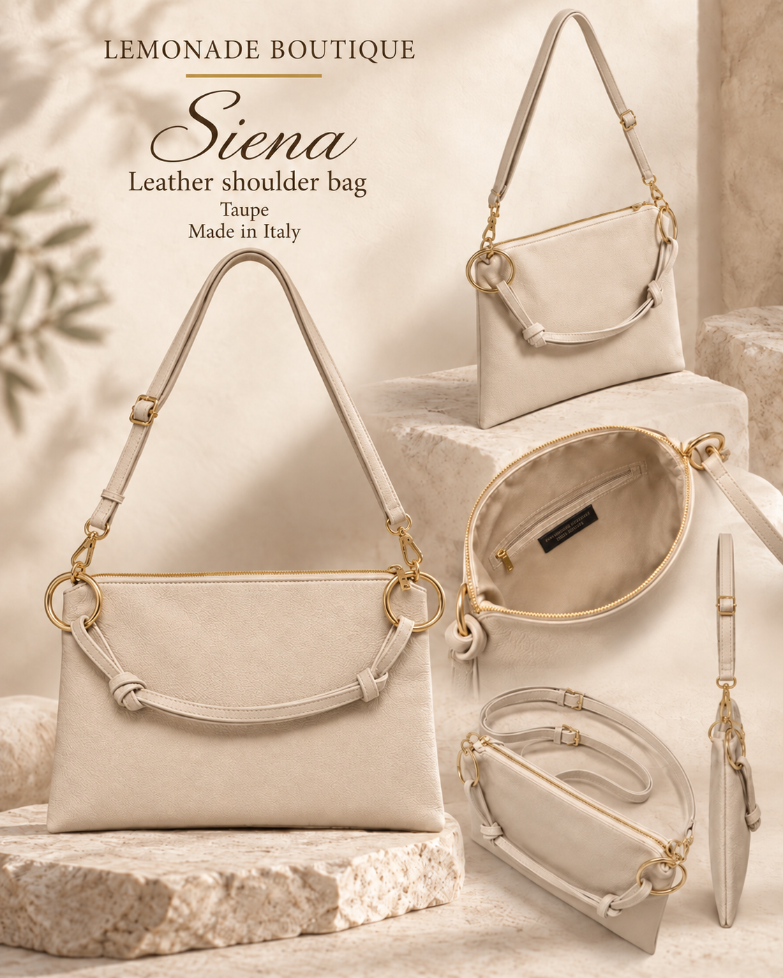 SIENA Leather Shoulder Bag — Taupe