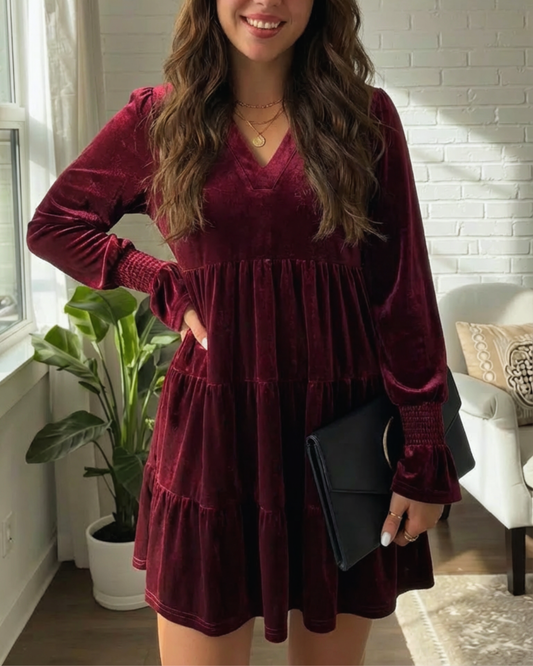Elegant Velvet Long Sleeve Solid Color Dress