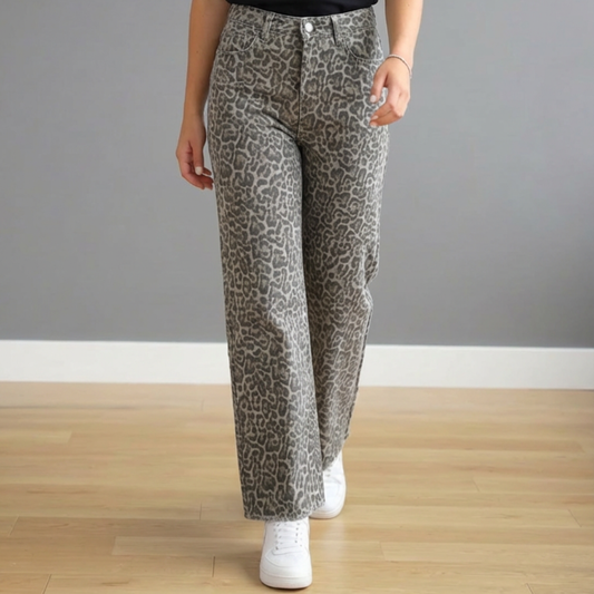 Leopard Frayed Edge Wide Leg High Waist Jeans