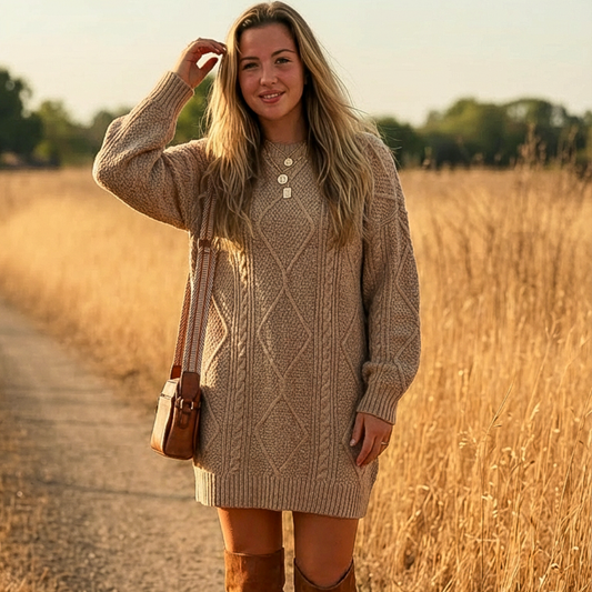 Cable-Knit Round Neck Sweater Dress