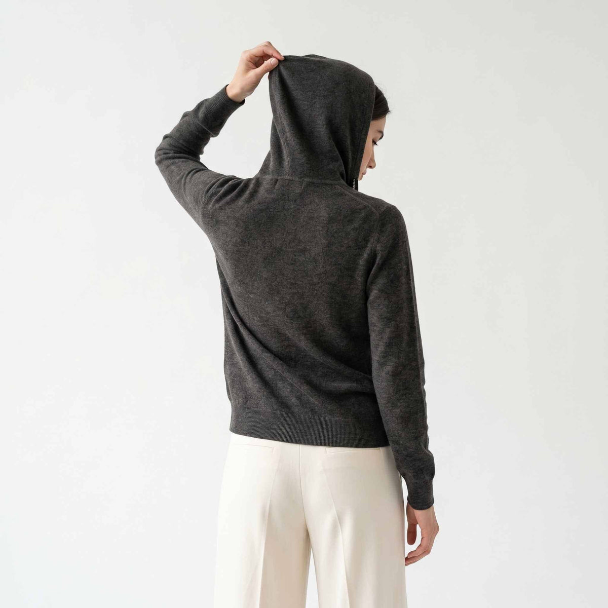 Women's Undyed Cashmere Zip Hoodie - Natural Melange: Dark Grey Melange / M