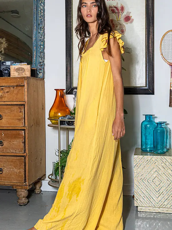 Ruffled Sleeve Wide Leg Solid Gauze Jumpsuit