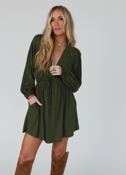 Sweet Vacay Long Sleeve Dress - Super Olive image 0