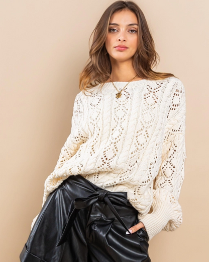 Eyelet Round Neck Knitting Cable Sweater image 0