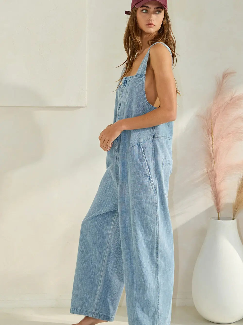 Zip-front Wide-leg Denim Overalls Jumpsuit