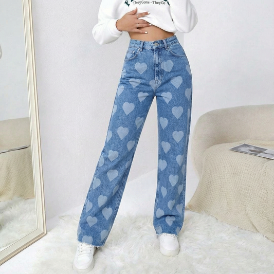 All the Love Heart Print Wide-Leg Jeans