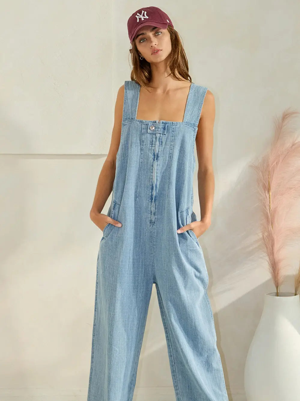Zip-front Wide-leg Denim Overalls Jumpsuit