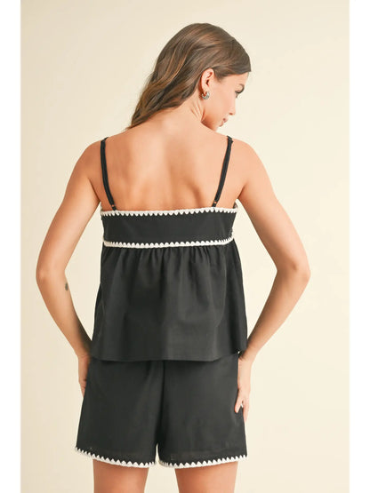 SLEEVELESS LINEN TOP AND SHORTS SET WITH CONTRAST