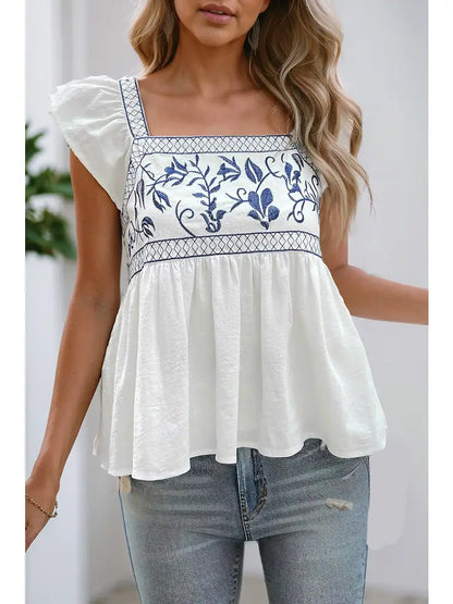 Contrast Embroidered Square Neck Ruched Blouse image 0