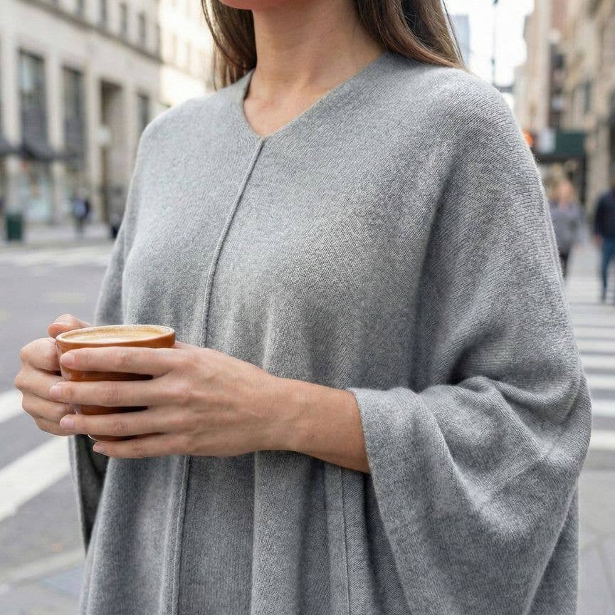 Undyed Cashmere V-Neck Poncho – Oatmeal Melange
