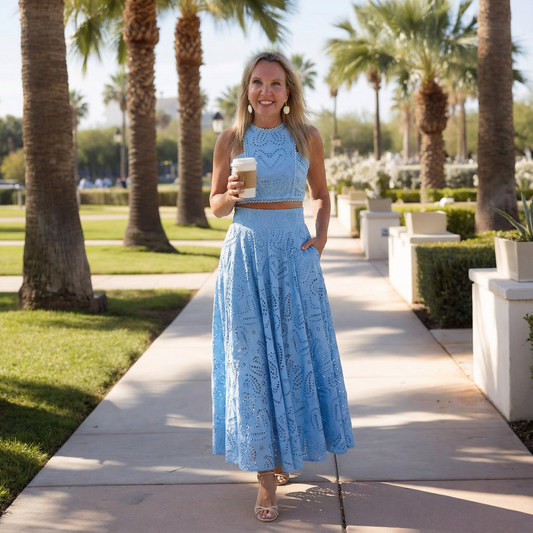 Eyelet Two-Piece Maxi Dress Set – Sleeveless Crop Top & Flowing Skirt