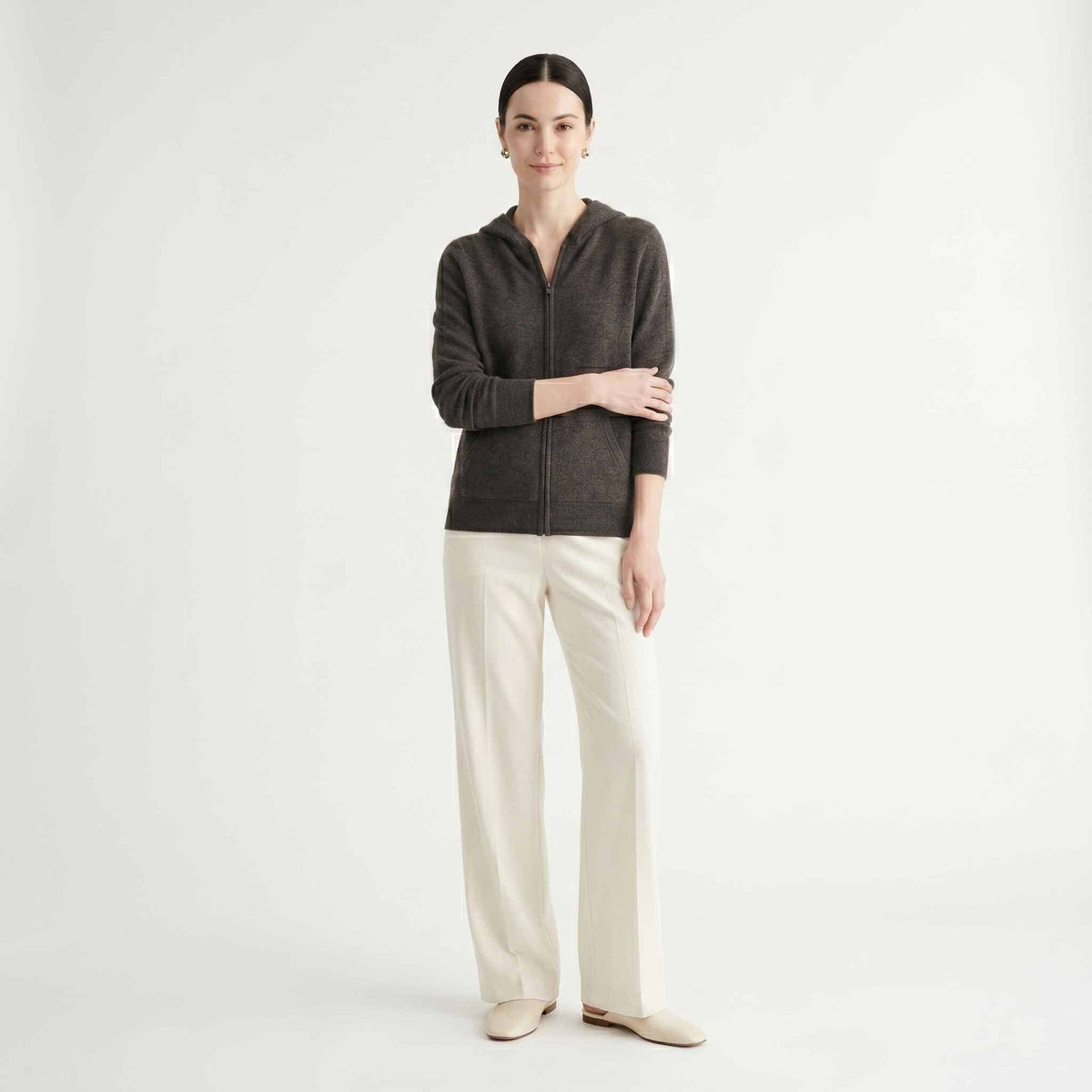 Women's Undyed Cashmere Zip Hoodie - Natural Melange: Dark Grey Melange / M