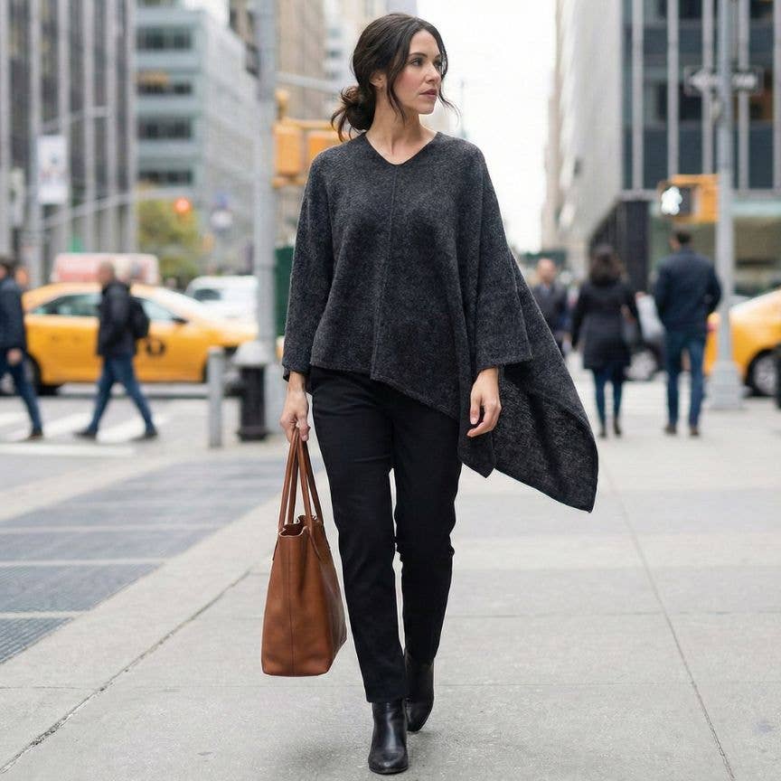 The Himalayan Cashmere V-Neck Poncho — Natural Dark Grey