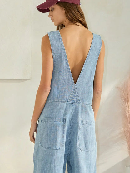 Zip-front Wide-leg Denim Overalls Jumpsuit