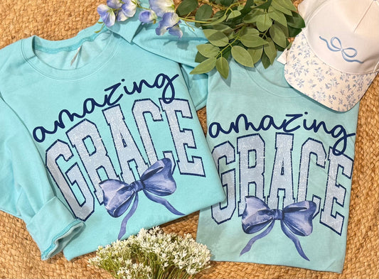 Amazing Grace Blue Bow Tee/Sweatshirt