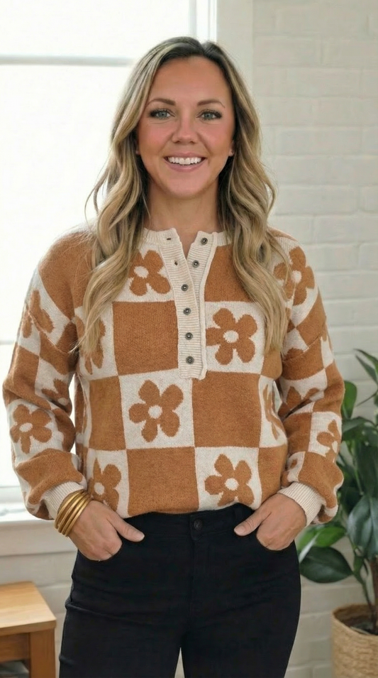 Flower Plaid Henley Baggy Sweater