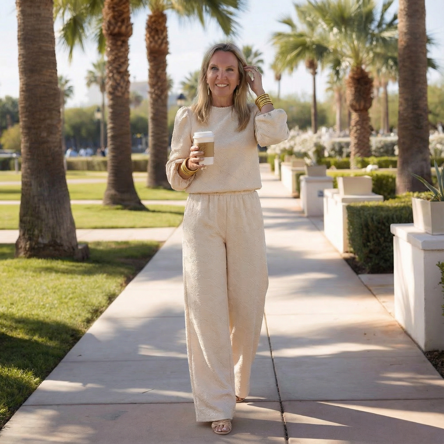 Double Take Texture Long Sleeve Top and Wide Leg Pants Set