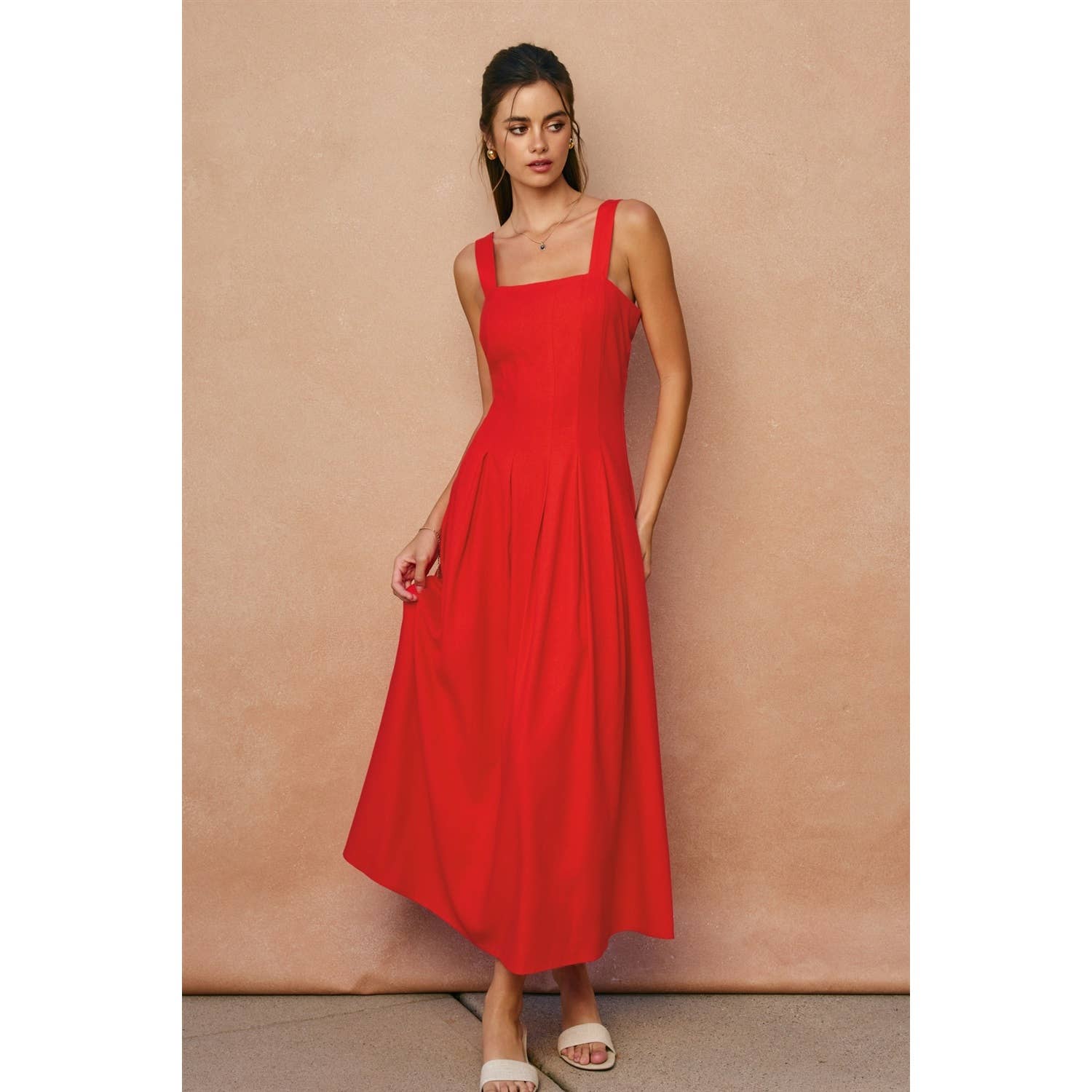 Soleil Cotton Linen Seam Detail Flared Maxi Dress