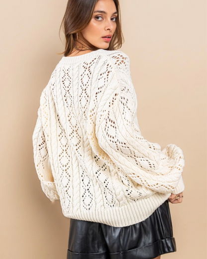 Eyelet Round Neck Knitting Cable Sweater image 1