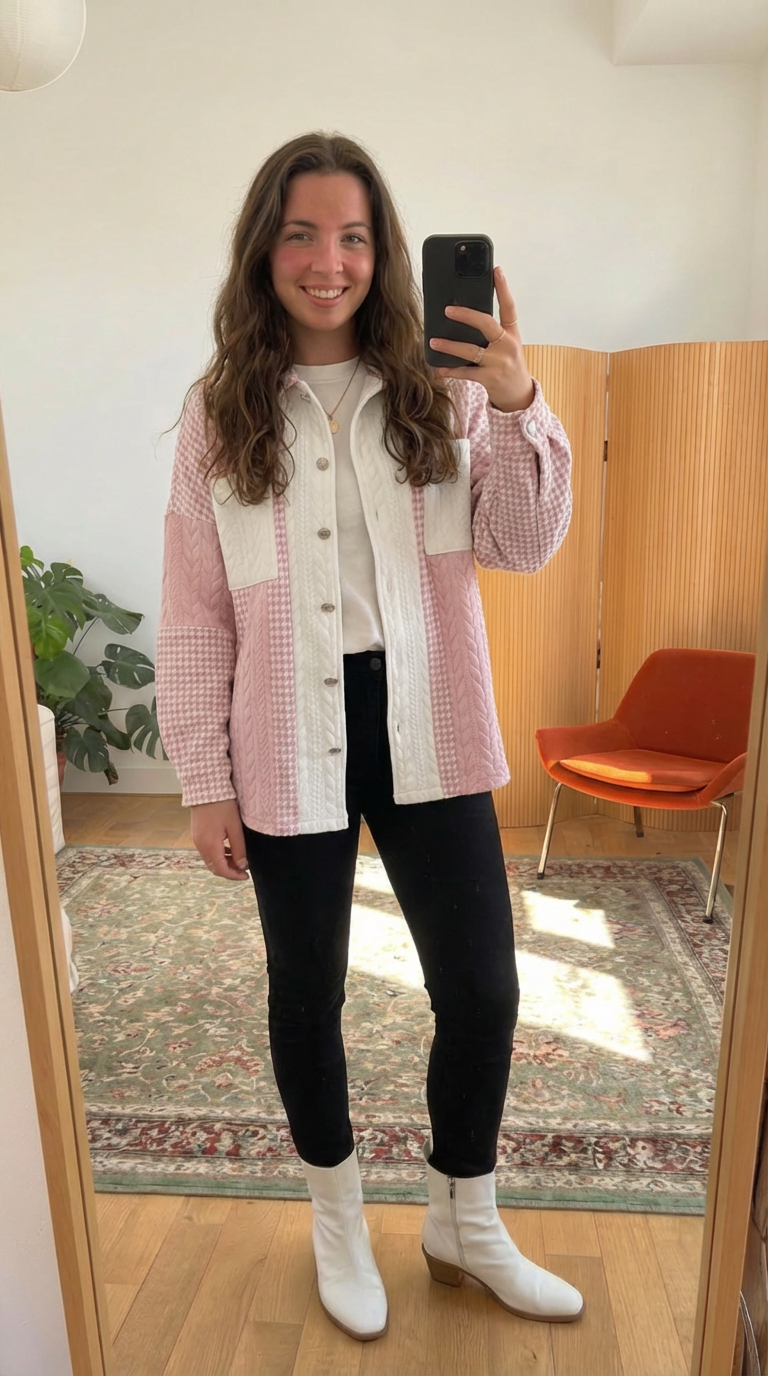 Color Block Houndstooth Collared Neck Shacket