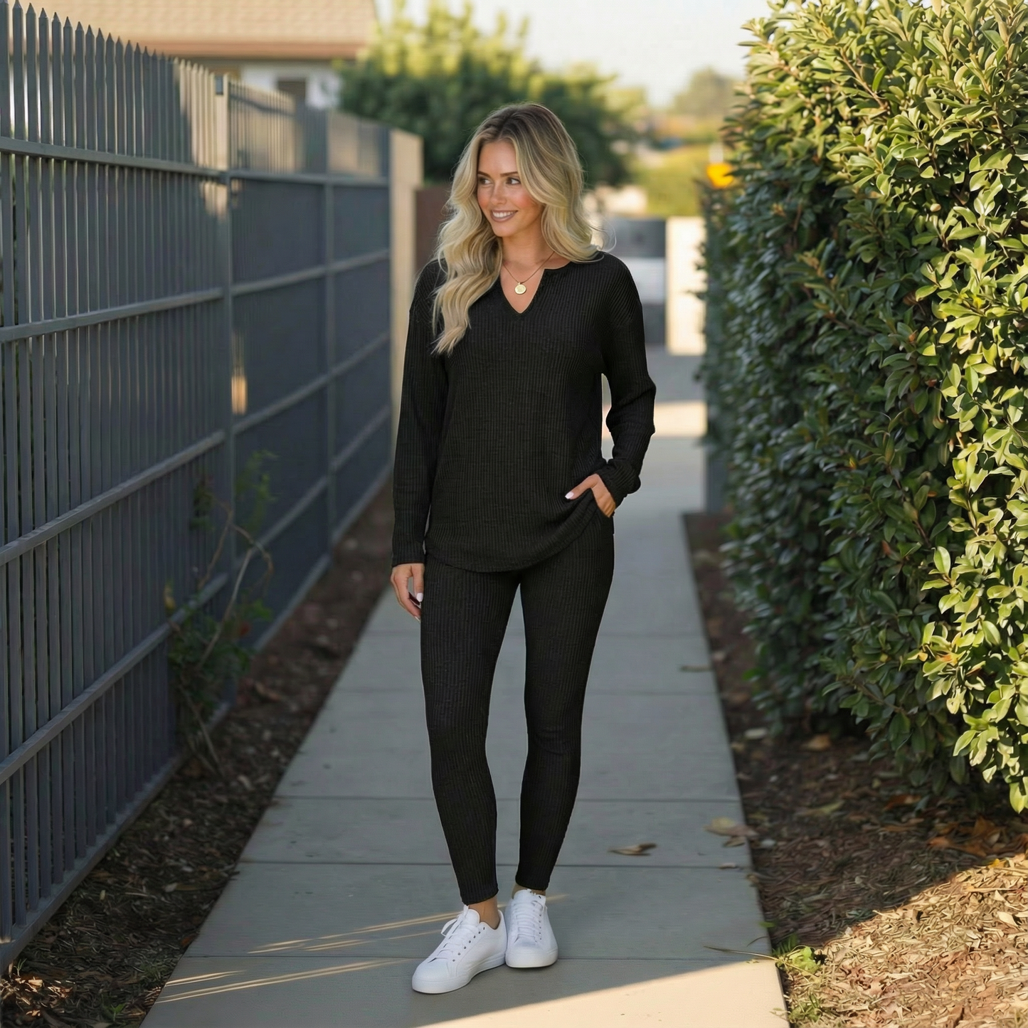 Jet Set Comfort Ribbed Lounge Set – Black