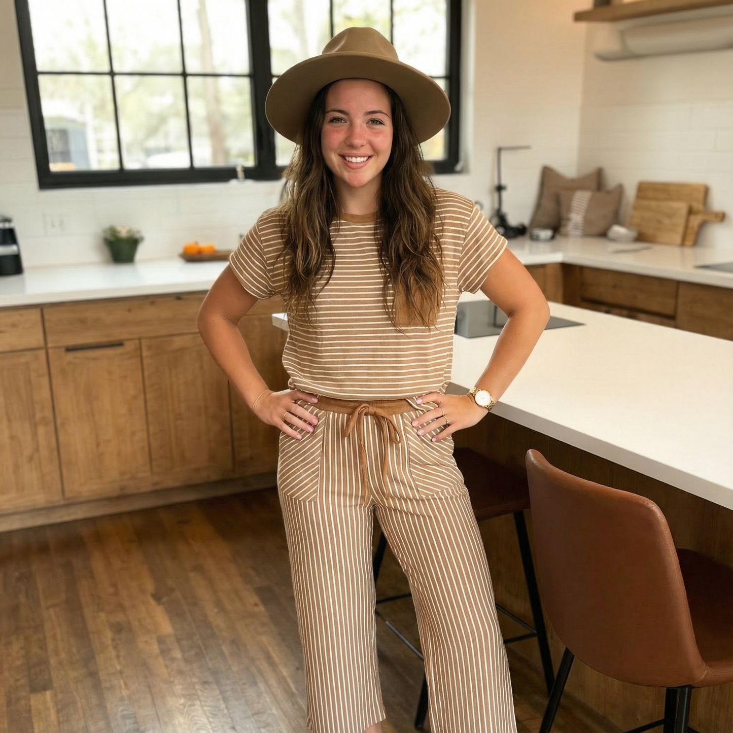 Tan Striped Two-Piece Lounge Set