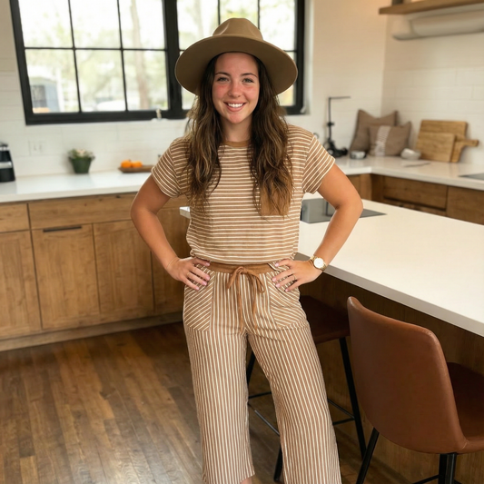 Tan Striped Two-Piece Lounge Set