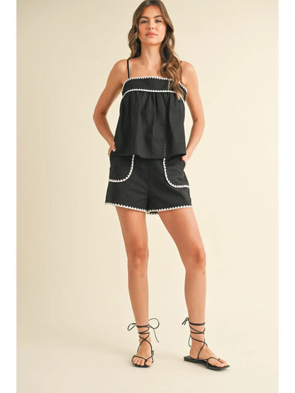 SLEEVELESS LINEN TOP AND SHORTS SET WITH CONTRAST