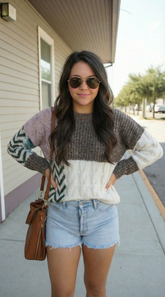 Color Block Cable Knit Sweater