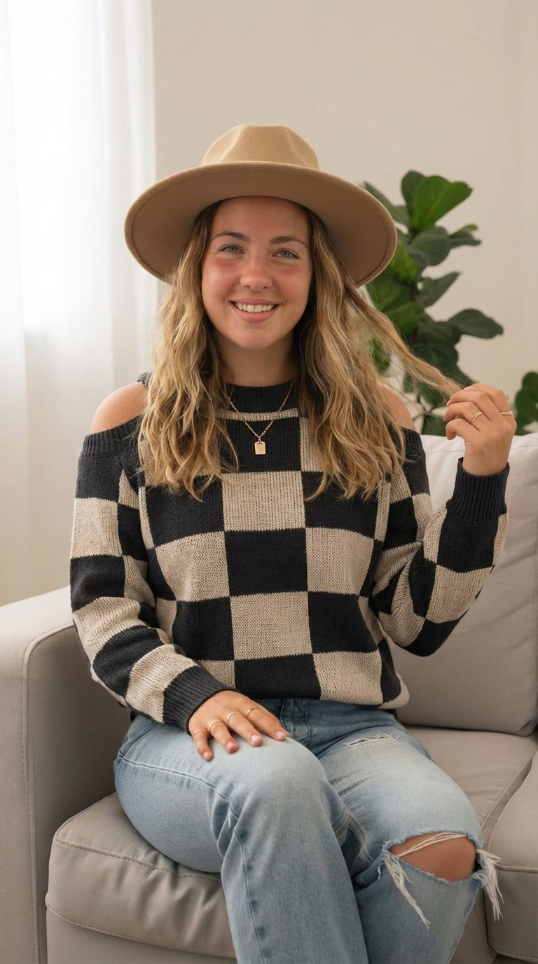 Cold Shoulder Checkered Long Sleeve Sweater