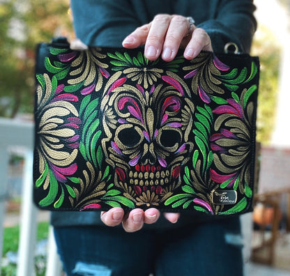 Hand Painted Crossbody by Rosa Mexicano - Pink + Green Skull image