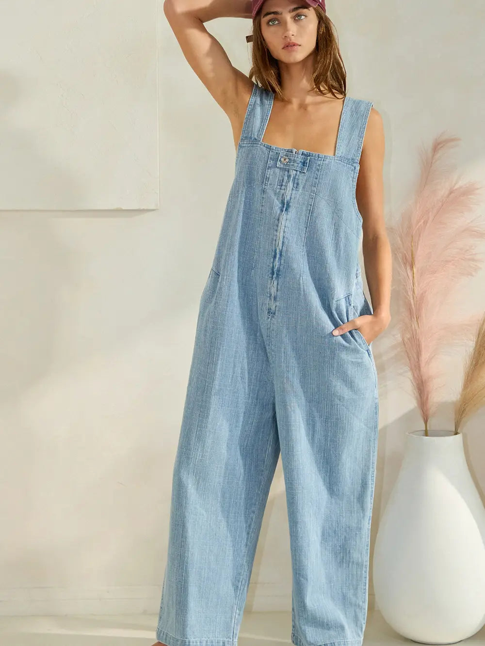 Zip-front Wide-leg Denim Overalls Jumpsuit