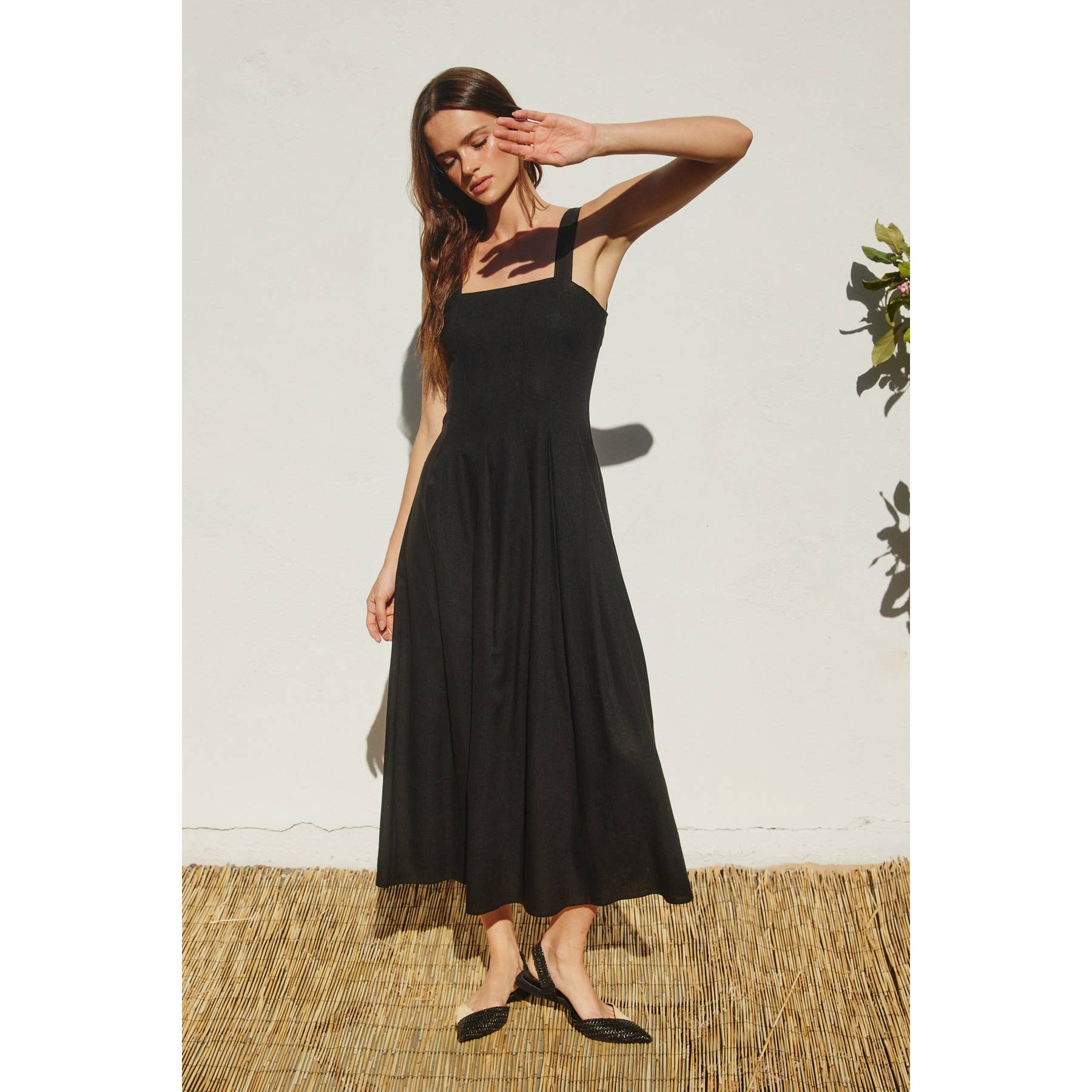 Soleil Cotton Linen Seam Detail Flared Maxi Dress