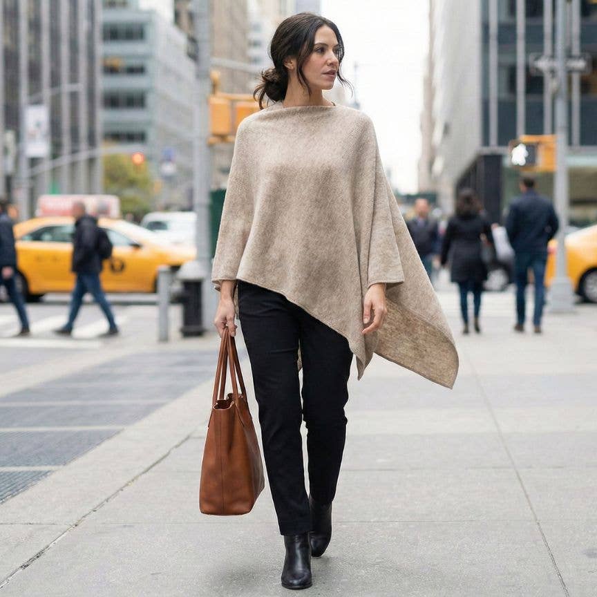 The Himalayan Cashmere V-Neck Poncho — Natural Dark Grey