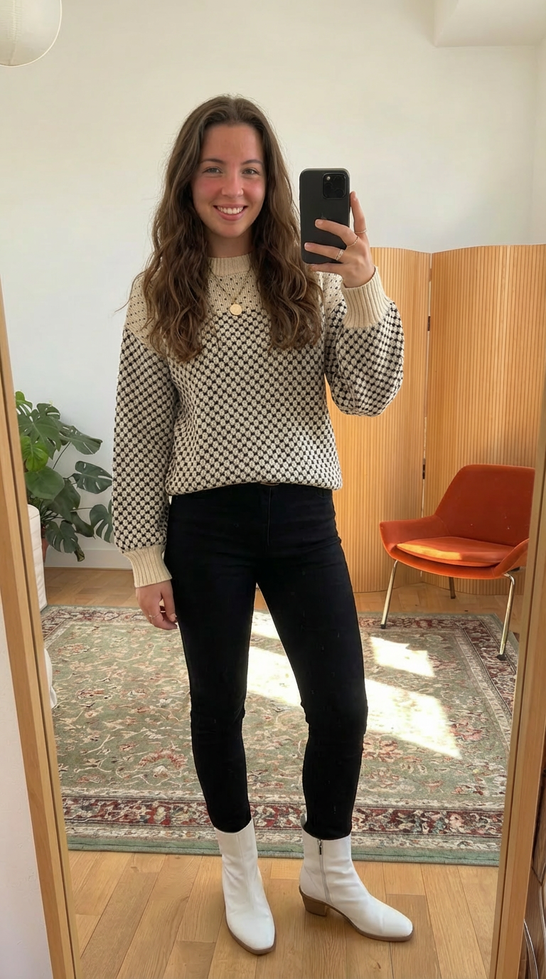 Contrast Color Pattern Lantern Sleeve Sweater