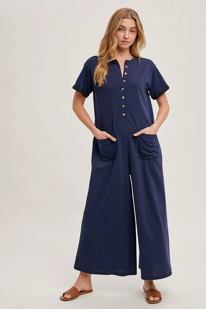 DOT HALF BUTTON WIDE LEG JUMPSUIT WITH POCKETS
