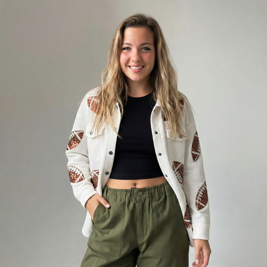 Sequin Football Patch Collared Neck Snap Button Jacket