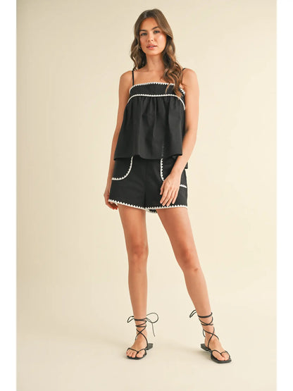 SLEEVELESS LINEN TOP AND SHORTS SET WITH CONTRAST