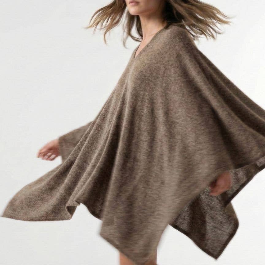 Undyed Cashmere V-Neck Poncho – Oatmeal Melange