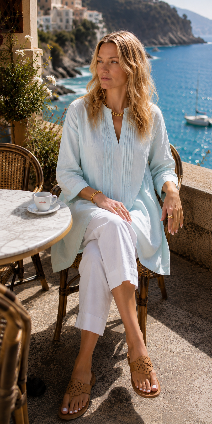 Bianca Linen Tunic Dress – Coastal White/Mint Green