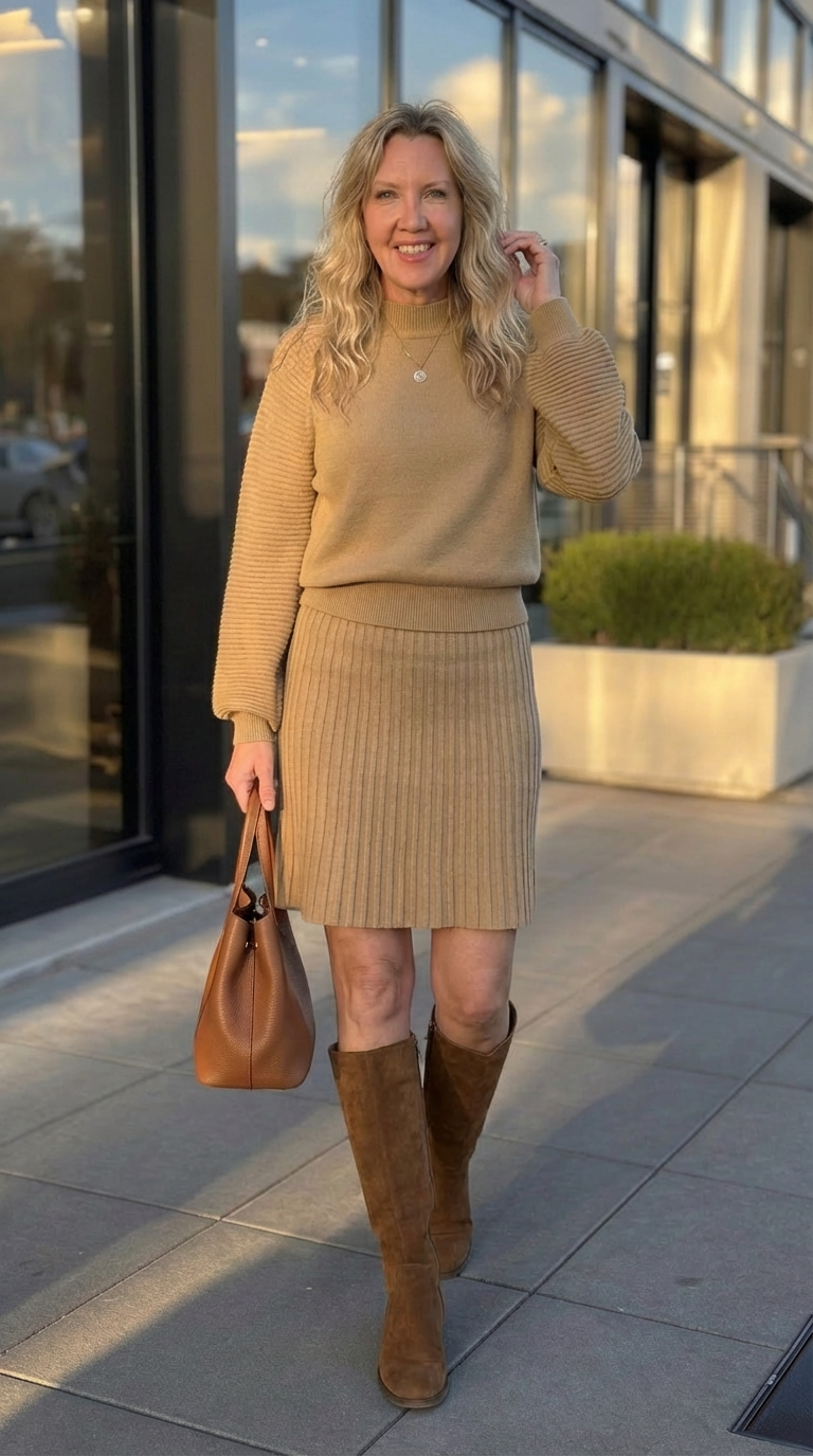 Solid High Neck Sweater and Pleated Mini Skirt Set